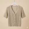 Elegant Beige Short-Sleeved Pointelle & Cable Knit Cardigan - Chic V-Neck, Summery Cropped Top