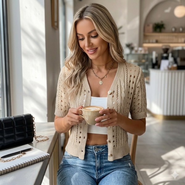 Gemini_Generated_Image_1pl3e41pl3e41pl3 (3) Elegant Beige Short-Sleeved Pointelle & Cable Knit Cardigan - Chic V-Neck, Summery Cropped Top