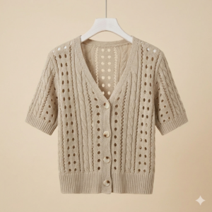 Elegant Beige Short-Sleeved Pointelle & Cable Knit Cardigan - Chic V-Neck, Summery Cropped Top