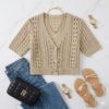 Gemini_Generated_Image_1pl3e41pl3e41pl3 (4) Elegant Beige Short-Sleeved Pointelle & Cable Knit Cardigan - Chic V-Neck, Summery Cropped Top