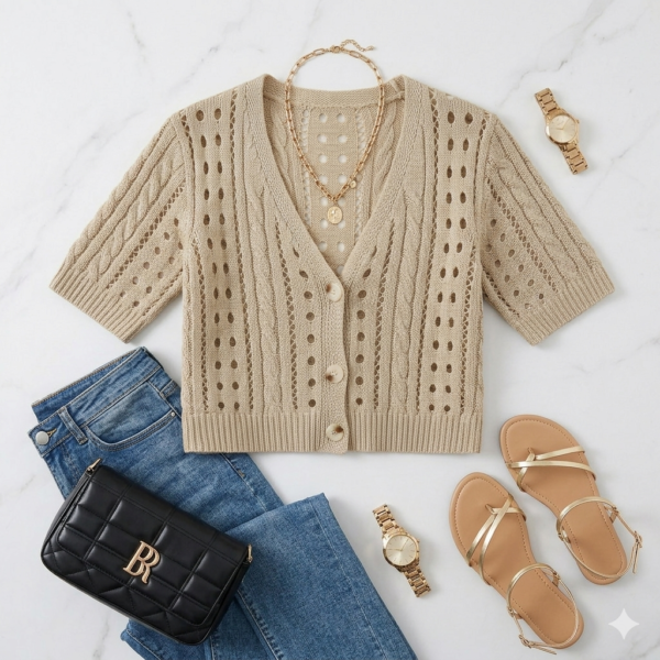 Gemini_Generated_Image_1pl3e41pl3e41pl3 (4) Elegant Beige Short-Sleeved Pointelle & Cable Knit Cardigan - Chic V-Neck, Summery Cropped Top