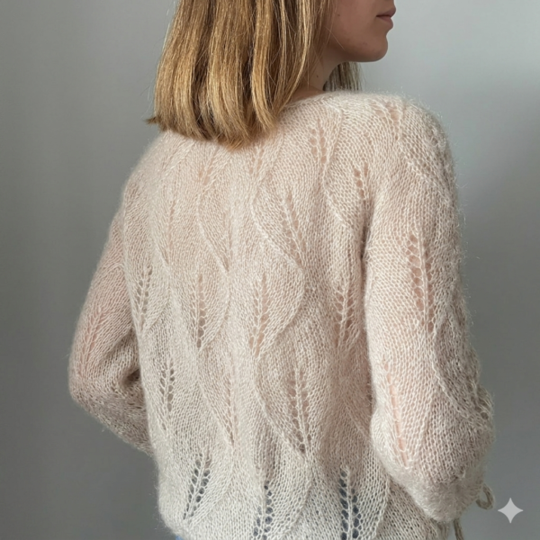 Beige Mohair-Blend Lacy Knit Sweater - Chic Leaf Pattern, Delicate Tie-Cuffs Summer Wool Top