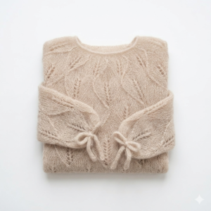 Beige Mohair-Blend Lacy Knit Sweater - Chic Leaf Pattern, Delicate Tie-Cuffs Summer Wool Top