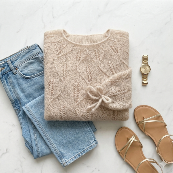 Beige Mohair-Blend Lacy Knit Sweater - Chic Leaf Pattern, Delicate Tie-Cuffs Summer Wool Top