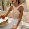 Elegant Cross-Neck Knit Halter Top - Peachy Beige, Vacation Style Off-the-Shoulder Top