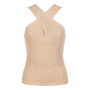 Elegant Cross-Neck Knit Halter Top - Peachy Beige, Vacation Style Off-the-Shoulder Top