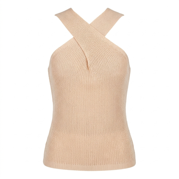 Elegant Cross-Neck Knit Halter Top - Peachy Beige, Vacation Style Off-the-Shoulder Top