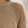 Elegant Taupe Textured Knit Sweater - Chic Honeycomb Mesh Shoulders, Short Sleeve Summer Wool Top