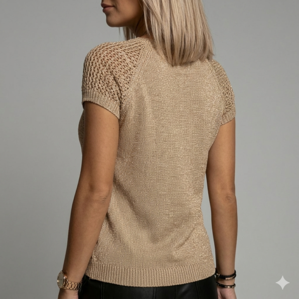 Elegant Taupe Textured Knit Sweater - Chic Honeycomb Mesh Shoulders, Short Sleeve Summer Wool Top