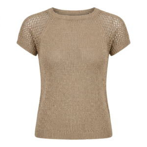 Elegant Taupe Textured Knit Sweater - Chic Honeycomb Mesh Shoulders, Short Sleeve Summer Wool Top