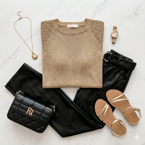 Elegant Taupe Textured Knit Sweater - Chic Honeycomb Mesh Shoulders, Short Sleeve Summer Wool Top