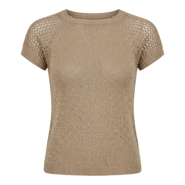 Elegant Taupe Textured Knit Sweater - Chic Honeycomb Mesh Shoulders, Short Sleeve Summer Wool Top