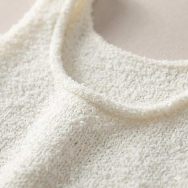 Cozy White Fuzzy Scoop-Neck Tank Top - Bouclé Knit, Soft Comfort Lounge Top