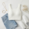 Cozy White Fuzzy Scoop-Neck Tank Top - Bouclé Knit, Soft Comfort Lounge Top