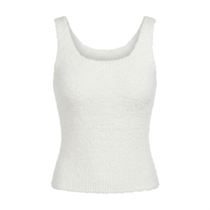 Cozy White Fuzzy Scoop-Neck Tank Top - Bouclé Knit, Soft Comfort Lounge Top