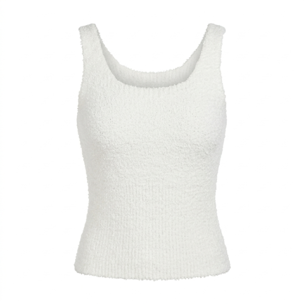 Cozy White Fuzzy Scoop-Neck Tank Top - Bouclé Knit, Soft Comfort Lounge Top