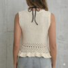 Summer Handmade Style Cream Pointelle Crochet Ruffle Hem Crop Knit Vest - Midriff Top