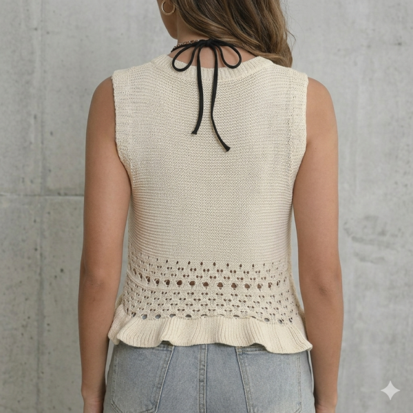 Summer Handmade Style Cream Pointelle Crochet Ruffle Hem Crop Knit Vest - Midriff Top