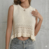 Summer Handmade Style Cream Pointelle Crochet Ruffle Hem Crop Knit Vest - Midriff Top