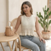 Summer Handmade Style Cream Pointelle Crochet Ruffle Hem Crop Knit Vest - Midriff Top