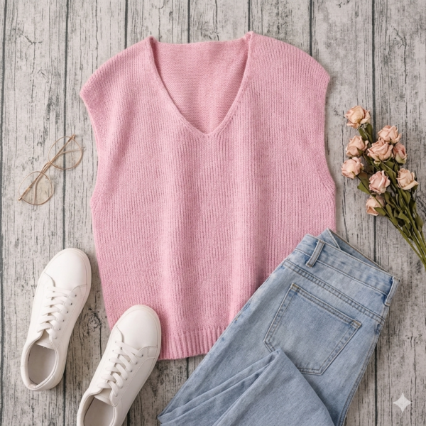 Premium Soft Knit V-Neck Sweater Vest - Candy Pink