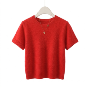 Vibrant Red Fuzzy Short-Sleeved Sweater - Cozy Angora Knit Style, Chic Summer Wool Top