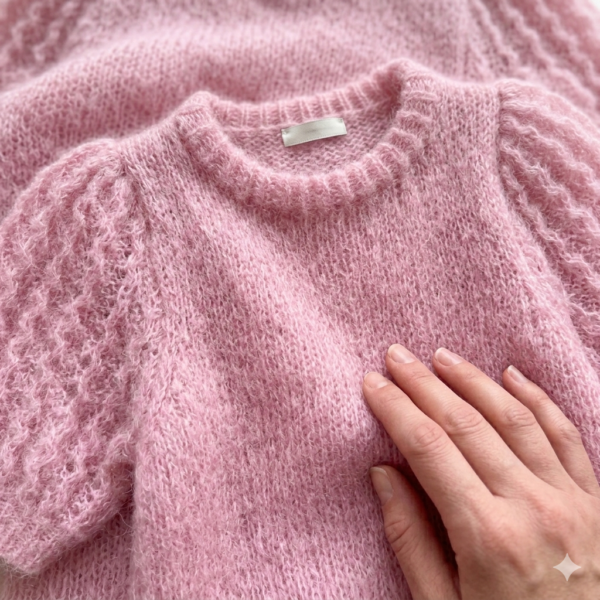 Premium Women’s Light Pink Puff Sleeve Mohair Knit Top – Soft Fuzzy Crewneck Pullover, Intricate Open-Knit Sleeve Pattern, Urban Café Chic & Cozy Outerwear