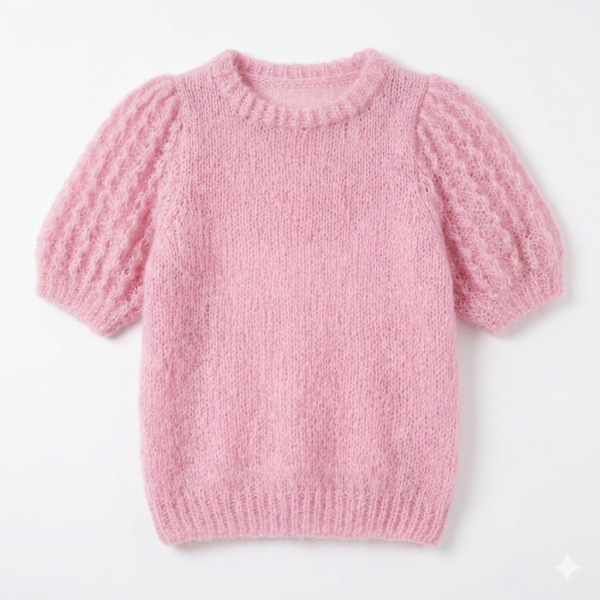 Premium Women’s Light Pink Puff Sleeve Mohair Knit Top – Soft Fuzzy Crewneck Pullover, Intricate Open-Knit Sleeve Pattern, Urban Café Chic & Cozy Outerwear