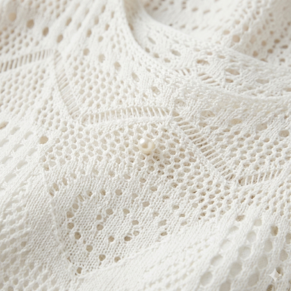 Premium Women’s White Crochet Knit Short Sleeve Top – Intricate Boho Geometric Mesh Blouse for Beach Resort & Garden Party