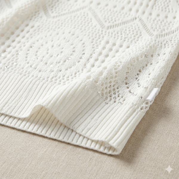 Premium Women’s White Crochet Knit Short Sleeve Top – Intricate Boho Geometric Mesh Blouse for Beach Resort & Garden Party