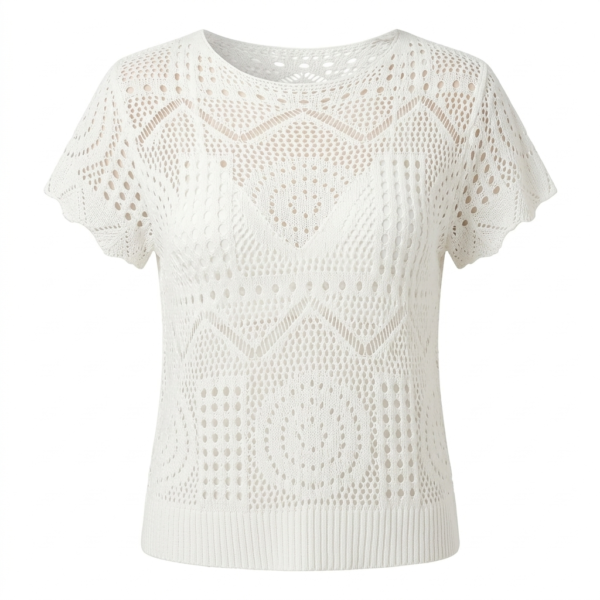 Premium Women’s White Crochet Knit Short Sleeve Top – Intricate Boho Geometric Mesh Blouse for Beach Resort & Garden Party