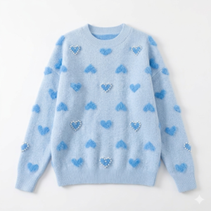 Gemini_Generated_Image_6jdt736jdt736jdt Premium Women's Blue Cable Knit Sweater Top – Soft Faux Fur Fuzzy Hearts and Pearl Heart Outlines Pullover, Boho Urban Chic Outerwear