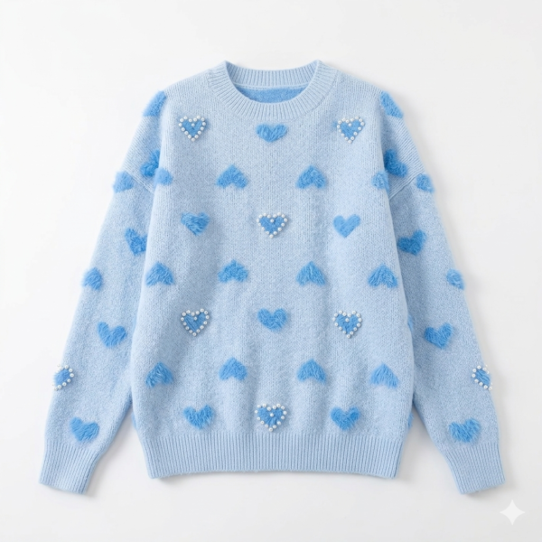Premium Women's Blue Cable Knit Sweater Top – Soft Faux Fur Fuzzy Hearts and Pearl Heart Outlines Pullover, Boho Urban Chic Outerwear