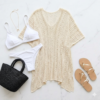 Elegant Cream Crochet Lace Beach Cover-Up - V-Neck, Loose Fit, Asymmetrical Hem