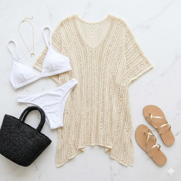 Elegant Cream Crochet Lace Beach Cover-Up - V-Neck, Loose Fit, Asymmetrical Hem