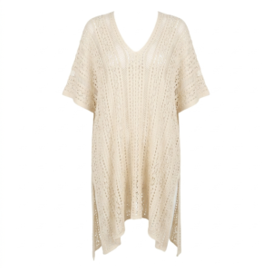 Elegant Cream Crochet Lace Beach Cover-Up - V-Neck, Loose Fit, Asymmetrical Hem