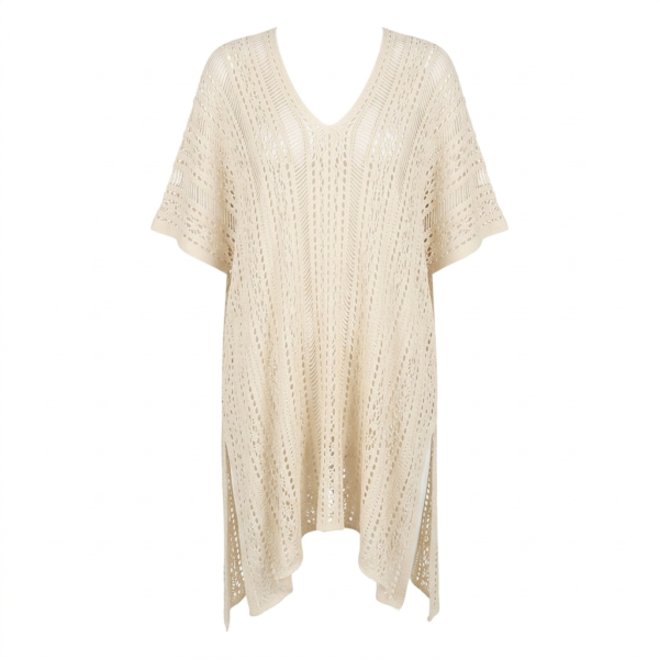 Elegant Cream Crochet Lace Beach Cover-Up - V-Neck, Loose Fit, Asymmetrical Hem