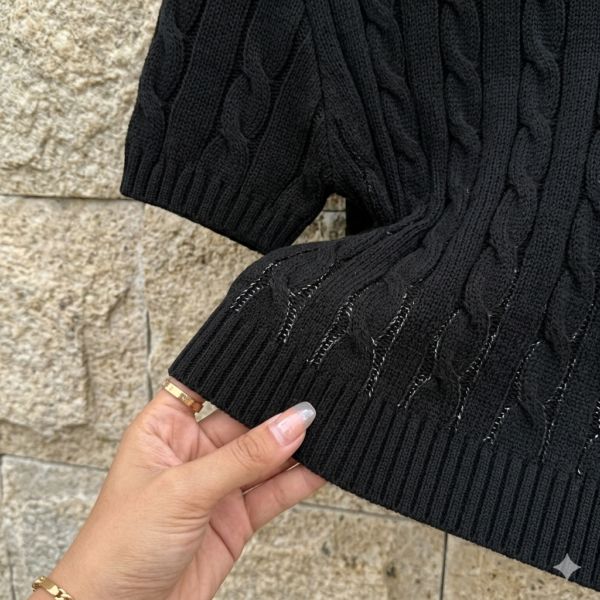 Premium Women’s Black Short Sleeve Cable Knit Sweater Top – Intricate Boho Cable & Rib Detail Blouse, Urban Café Chic & Rooftop Garden Party Wear