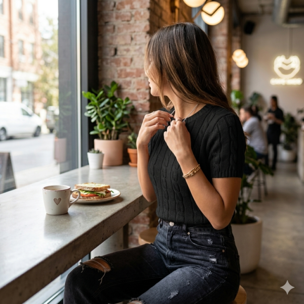 Premium Women’s Black Short Sleeve Cable Knit Sweater Top – Intricate Boho Cable & Rib Detail Blouse, Urban Café Chic & Rooftop Garden Party Wear