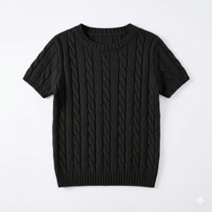 Gemini_Generated_Image_bcmxs3bcmxs3bcmx Premium Women’s Black Short Sleeve Cable Knit Sweater Top – Intricate Boho Cable & Rib Detail Blouse, Urban Café Chic & Rooftop Garden Party Wear