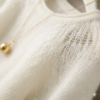 Premium Women’s Off-White Mohair Short Sleeve Top with Intricate Raglan Lace Patterns and Gold Ball Pendant Necklace