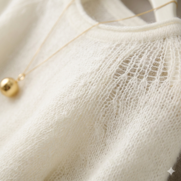 Premium Women’s Off-White Mohair Short Sleeve Top with Intricate Raglan Lace Patterns and Gold Ball Pendant Necklace