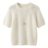 Premium Women’s Off-White Mohair Short Sleeve Top with Intricate Raglan Lace Patterns and Gold Ball Pendant Necklace