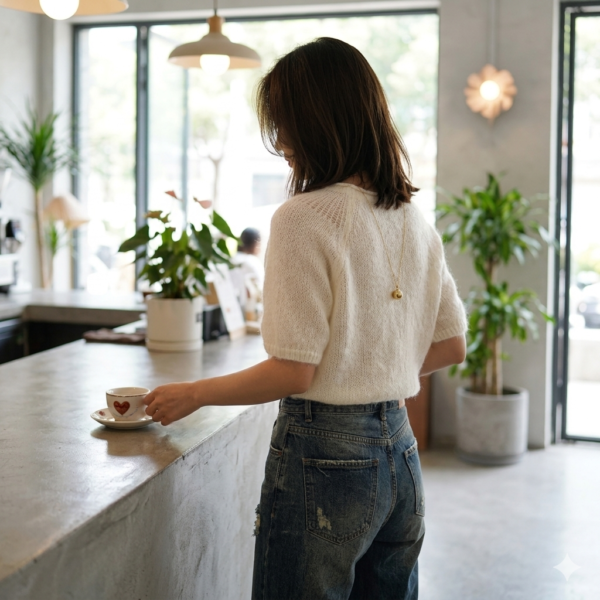 Premium Women’s Off-White Mohair Short Sleeve Top with Intricate Raglan Lace Patterns and Gold Ball Pendant Necklace