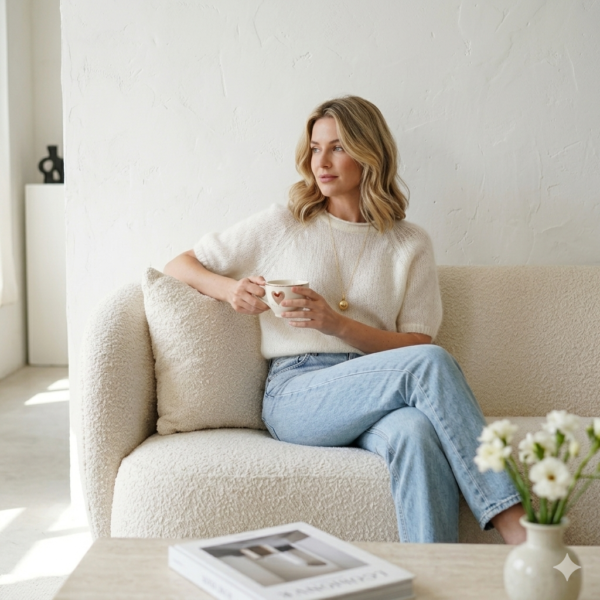 Premium Women’s Off-White Mohair Short Sleeve Top with Intricate Raglan Lace Patterns and Gold Ball Pendant Necklace