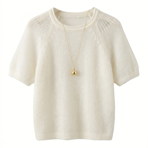 Premium Women’s Off-White Mohair Short Sleeve Top with Intricate Raglan Lace Patterns and Gold Ball Pendant Necklace