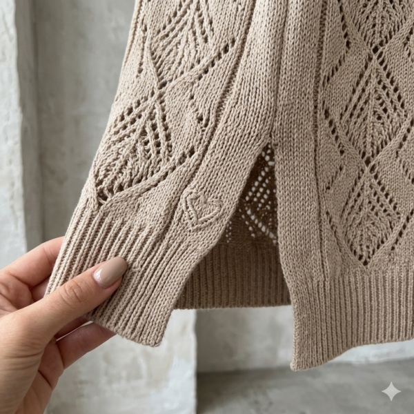 Premium Long Beige Crochet Knit Cardigan for Women – Open Front Geometric Diamond Boho Duster with Side Slits, Spring Summer Outerwear