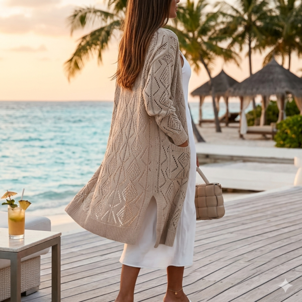 Premium Long Beige Crochet Knit Cardigan for Women – Open Front Geometric Diamond Boho Duster with Side Slits, Spring Summer Outerwear