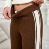 Premium 2-Piece Fuzzy Loungewear Set for Women – Ultra Soft Plush Knit Stripe Top and Wide-Leg Brown Side-Stripe Pants, Cozy Comfort Sleepwear