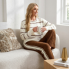 Premium 2-Piece Fuzzy Loungewear Set for Women – Ultra Soft Plush Knit Stripe Top and Wide-Leg Brown Side-Stripe Pants, Cozy Comfort Sleepwear